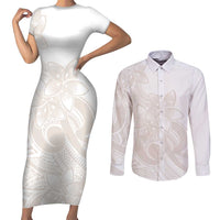 Polynesian Tribal Plumeria Lotu Tamaiti Couples Matching Short Sleeve Bodycon Dress and Long Sleeve Button Shirt Pastel Nude LT9 Nude - Polynesian Pride