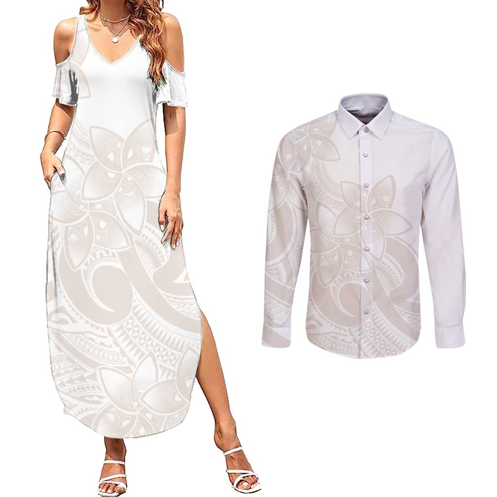 Polynesian Tribal Plumeria Lotu Tamaiti Couples Matching Summer Maxi Dress and Long Sleeve Button Shirt Pastel Nude - Polynesian Pride