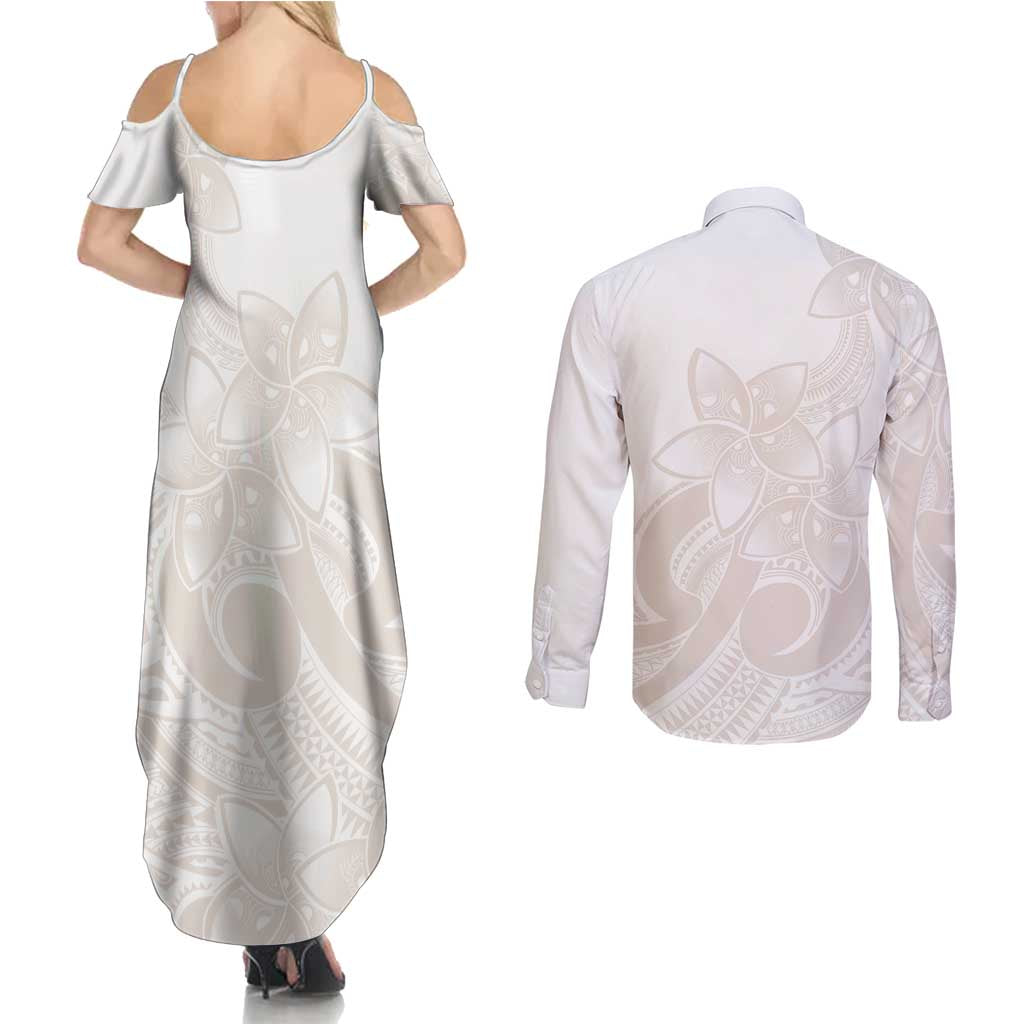 Polynesian Tribal Plumeria Lotu Tamaiti Couples Matching Summer Maxi Dress and Long Sleeve Button Shirt Pastel Nude - Polynesian Pride
