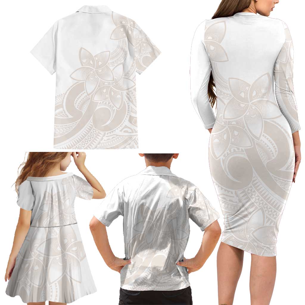 Polynesian Tribal Plumeria Lotu Tamaiti Family Matching Long Sleeve Bodycon Dress and Hawaiian Shirt Pastel Nude - Polynesian Pride