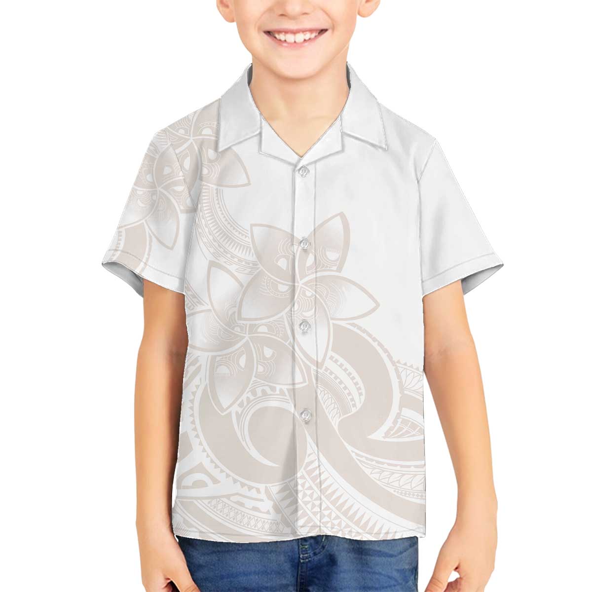 Polynesian Tribal Plumeria Lotu Tamaiti Family Matching Off The Shoulder Long Sleeve Dress and Hawaiian Shirt Pastel Nude - Polynesian Pride