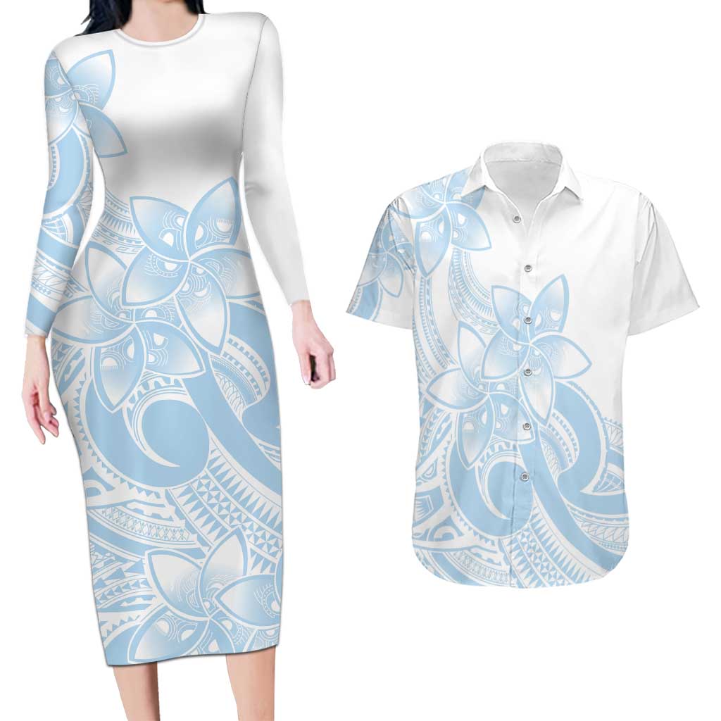 Polynesian Tribal Plumeria Lotu Tamaiti Couples Matching Long Sleeve Bodycon Dress and Hawaiian Shirt Pastel Sky Blue - Polynesian Pride