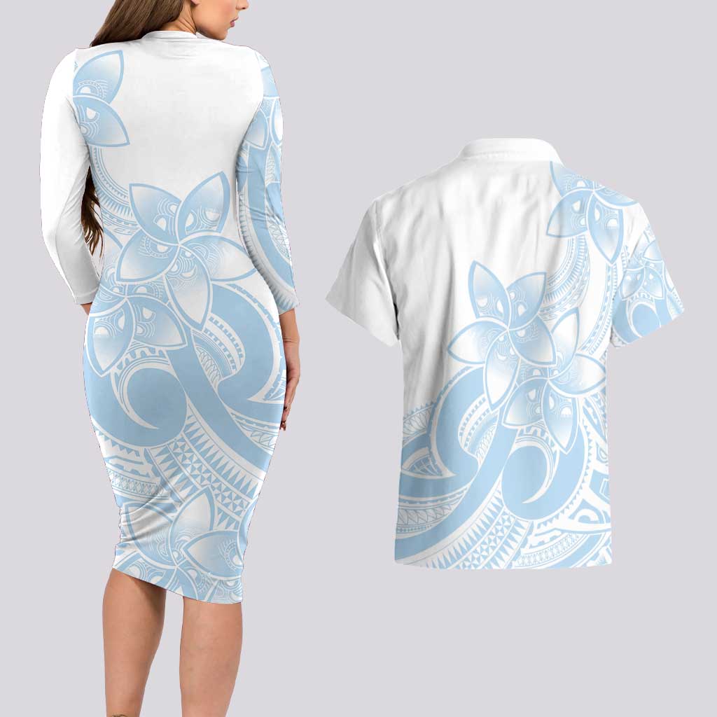 Polynesian Tribal Plumeria Lotu Tamaiti Couples Matching Long Sleeve Bodycon Dress and Hawaiian Shirt Pastel Sky Blue - Polynesian Pride