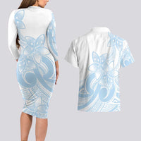 Polynesian Tribal Plumeria Lotu Tamaiti Couples Matching Long Sleeve Bodycon Dress and Hawaiian Shirt Pastel Sky Blue - Polynesian Pride