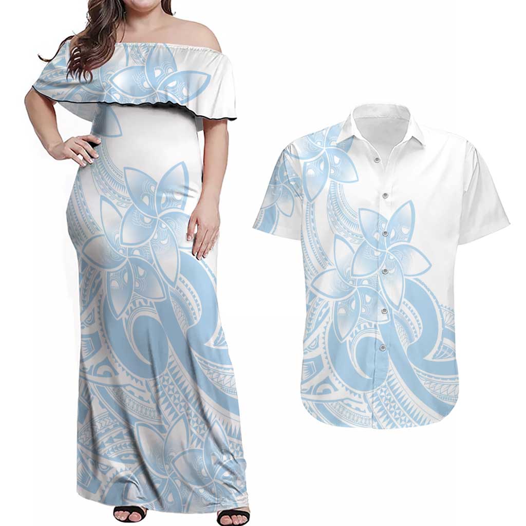 Polynesian Tribal Plumeria Lotu Tamaiti Couples Matching Off Shoulder Maxi Dress and Hawaiian Shirt Pastel Sky Blue - Polynesian Pride