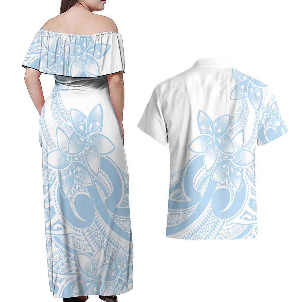 Polynesian Tribal Plumeria Lotu Tamaiti Couples Matching Off Shoulder Maxi Dress and Hawaiian Shirt Pastel Sky Blue - Polynesian Pride