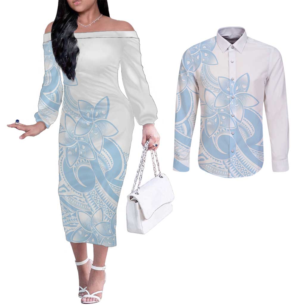 Polynesian Tribal Plumeria Lotu Tamaiti Couples Matching Off The Shoulder Long Sleeve Dress and Long Sleeve Button Shirt Pastel Sky Blue LT9 Blue - Polynesian Pride