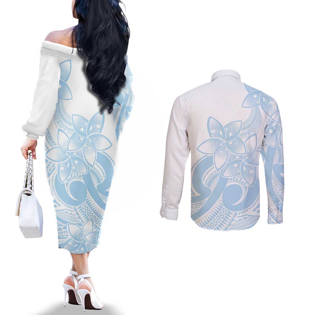 Polynesian Tribal Plumeria Lotu Tamaiti Couples Matching Off The Shoulder Long Sleeve Dress and Long Sleeve Button Shirt Pastel Sky Blue LT9 - Polynesian Pride
