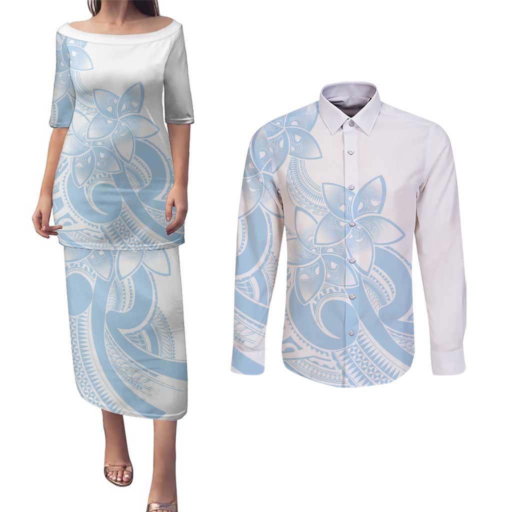 Polynesian Tribal Plumeria Lotu Tamaiti Couples Matching Puletasi and Long Sleeve Button Shirt Pastel Sky Blue LT9 Blue - Polynesian Pride