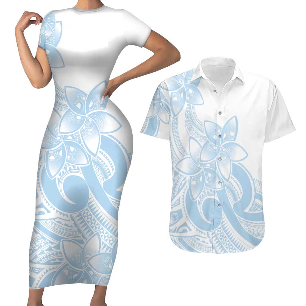 Polynesian Tribal Plumeria Lotu Tamaiti Couples Matching Short Sleeve Bodycon Dress and Hawaiian Shirt Pastel Sky Blue - Polynesian Pride