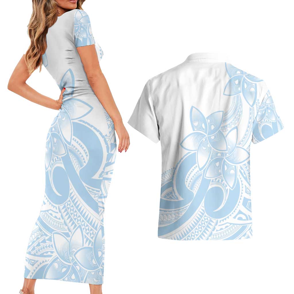 Polynesian Tribal Plumeria Lotu Tamaiti Couples Matching Short Sleeve Bodycon Dress and Hawaiian Shirt Pastel Sky Blue - Polynesian Pride