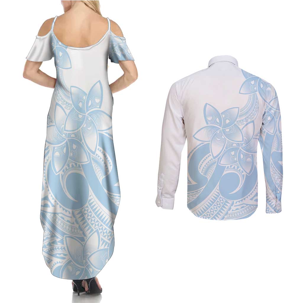 Polynesian Tribal Plumeria Lotu Tamaiti Couples Matching Summer Maxi Dress and Long Sleeve Button Shirt Pastel Sky Blue - Polynesian Pride