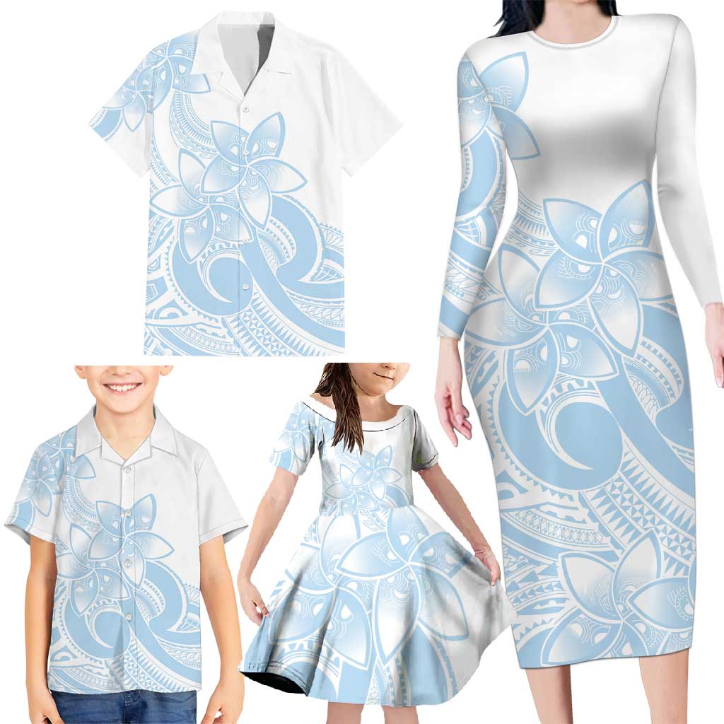 Polynesian Tribal Plumeria Lotu Tamaiti Family Matching Long Sleeve Bodycon Dress and Hawaiian Shirt Pastel Sky Blue - Polynesian Pride
