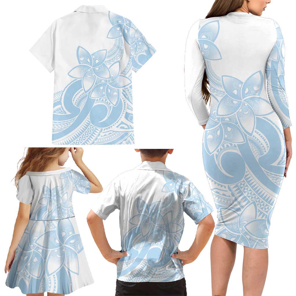 Polynesian Tribal Plumeria Lotu Tamaiti Family Matching Long Sleeve Bodycon Dress and Hawaiian Shirt Pastel Sky Blue - Polynesian Pride