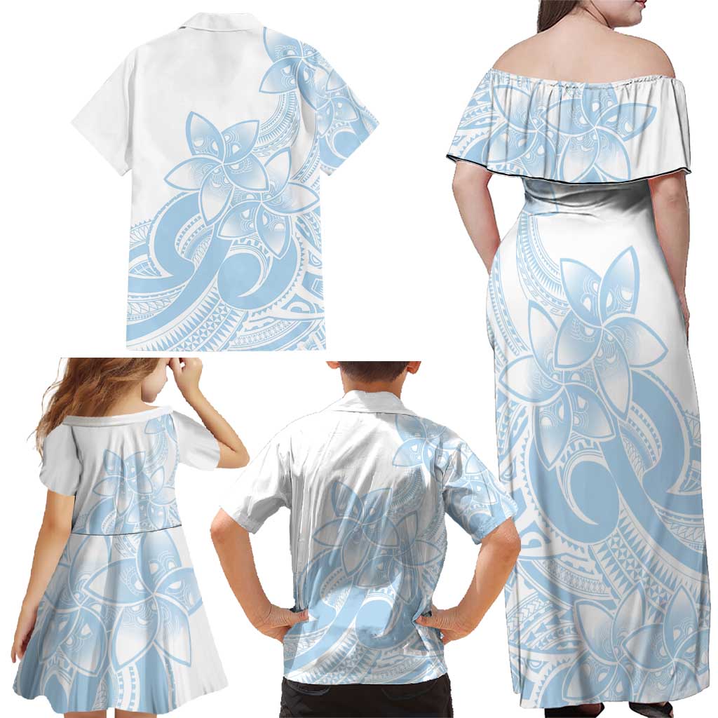 Polynesian Tribal Plumeria Lotu Tamaiti Family Matching Off Shoulder Maxi Dress and Hawaiian Shirt Pastel Sky Blue - Polynesian Pride