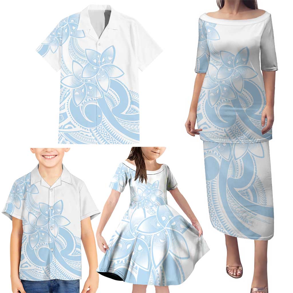 Polynesian Tribal Plumeria Lotu Tamaiti Family Matching Puletasi and Hawaiian Shirt Pastel Sky Blue LT9 - Polynesian Pride