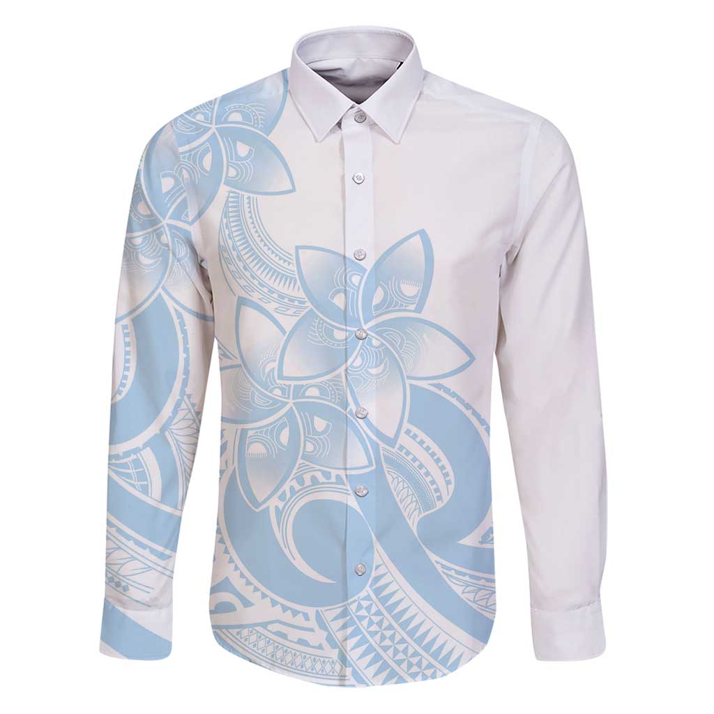 Polynesian Tribal Plumeria Lotu Tamaiti Family Matching Puletasi and Hawaiian Shirt Pastel Sky Blue LT9 Dad's Shirt - Long Sleeve Blue - Polynesian Pride