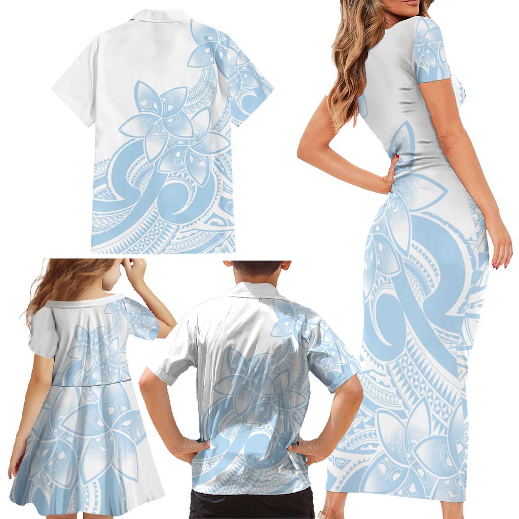 Polynesian Tribal Plumeria Lotu Tamaiti Family Matching Short Sleeve Bodycon Dress and Hawaiian Shirt Pastel Sky Blue - Polynesian Pride