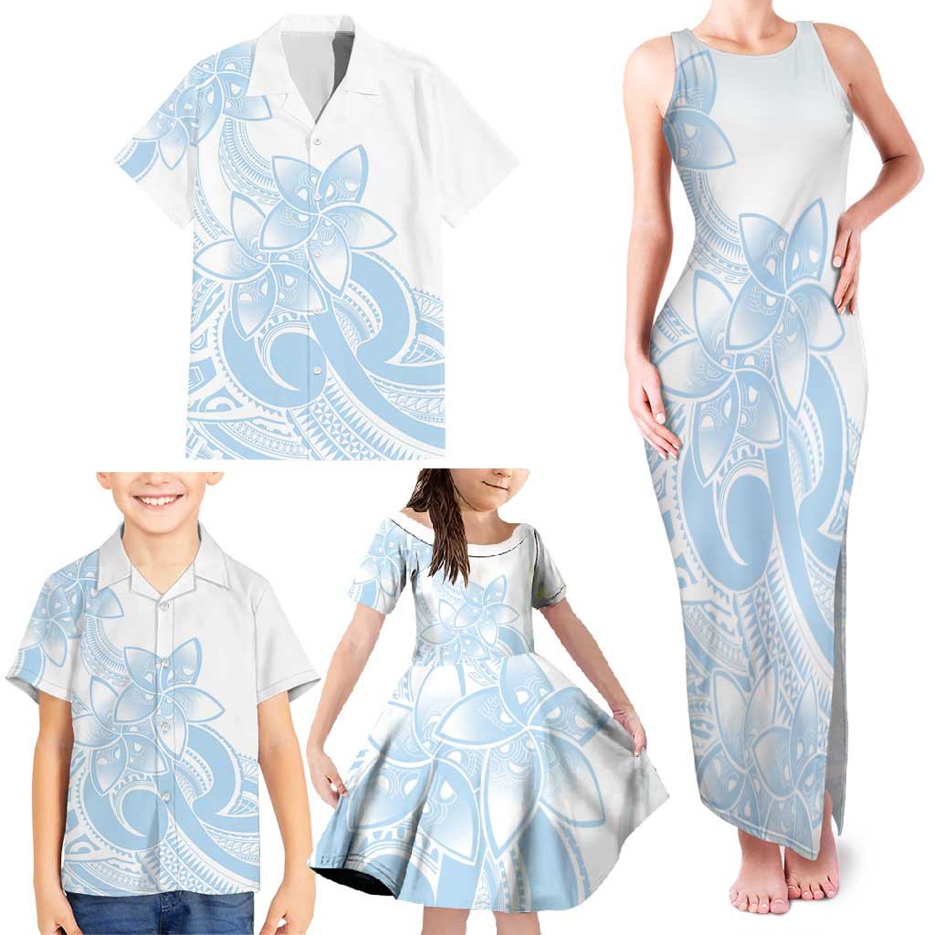 Polynesian Tribal Plumeria Lotu Tamaiti Family Matching Tank Maxi Dress and Hawaiian Shirt Pastel Sky Blue - Polynesian Pride