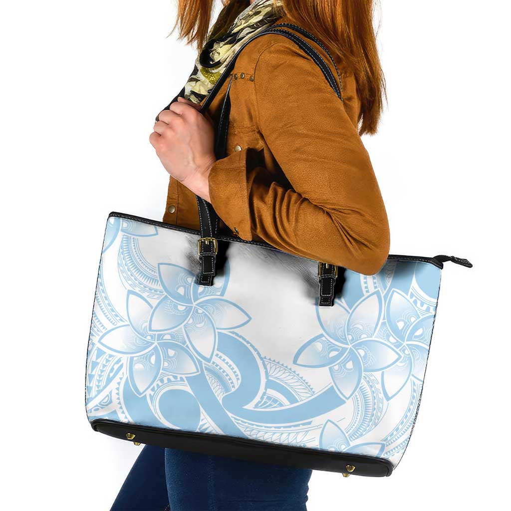 Polynesian Tribal Plumeria Lotu Tamaiti Leather Tote Bag Pastel Sky Blue - Polynesian Pride