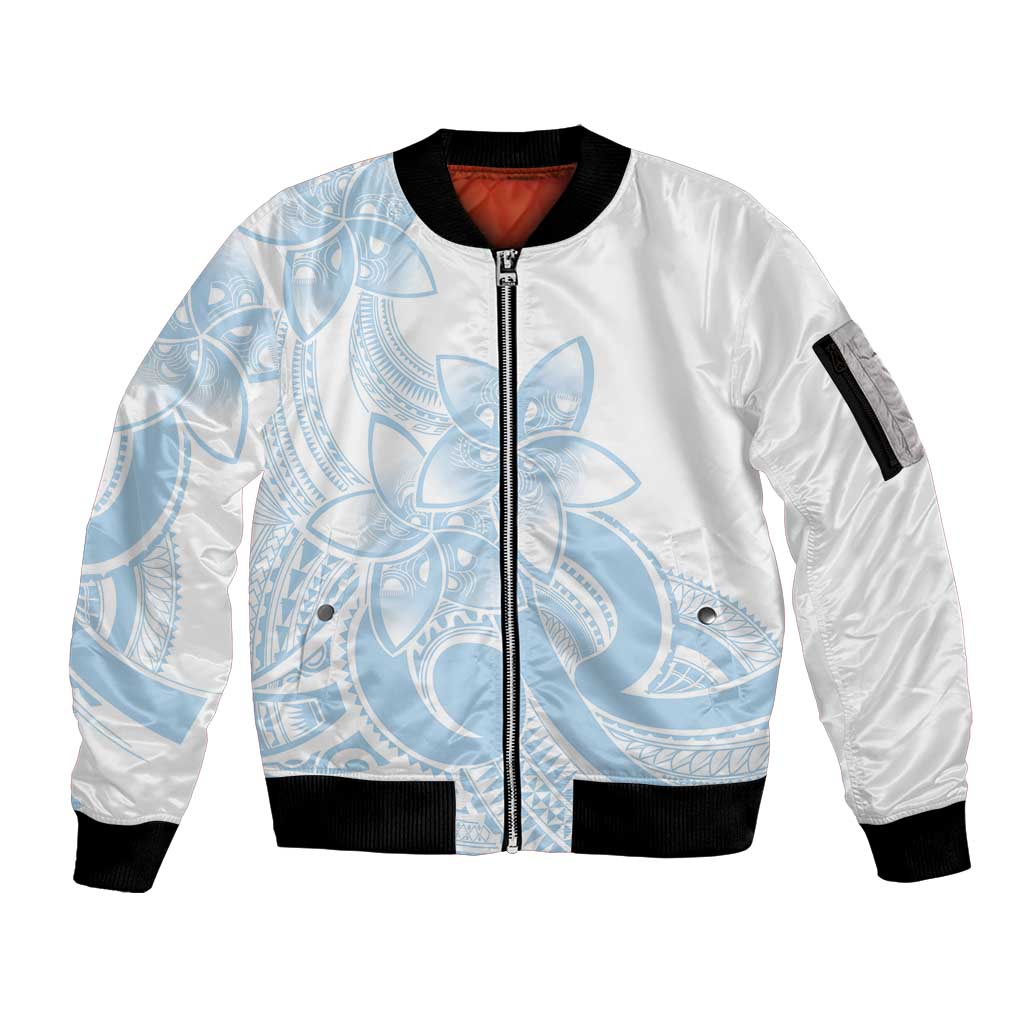 Polynesian Tribal Plumeria Lotu Tamaiti Sleeve Zip Bomber Jacket Pastel Sky Blue LT9 Unisex Blue - Polynesian Pride