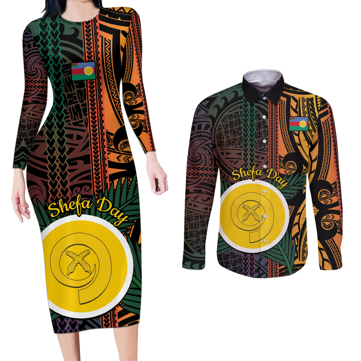 Personalised Shefa Day Couples Matching Long Sleeve Bodycon Dress and Long Sleeve Button Shirt Happy June 18 Vanuatu Province LT14 Black - Polynesian Pride