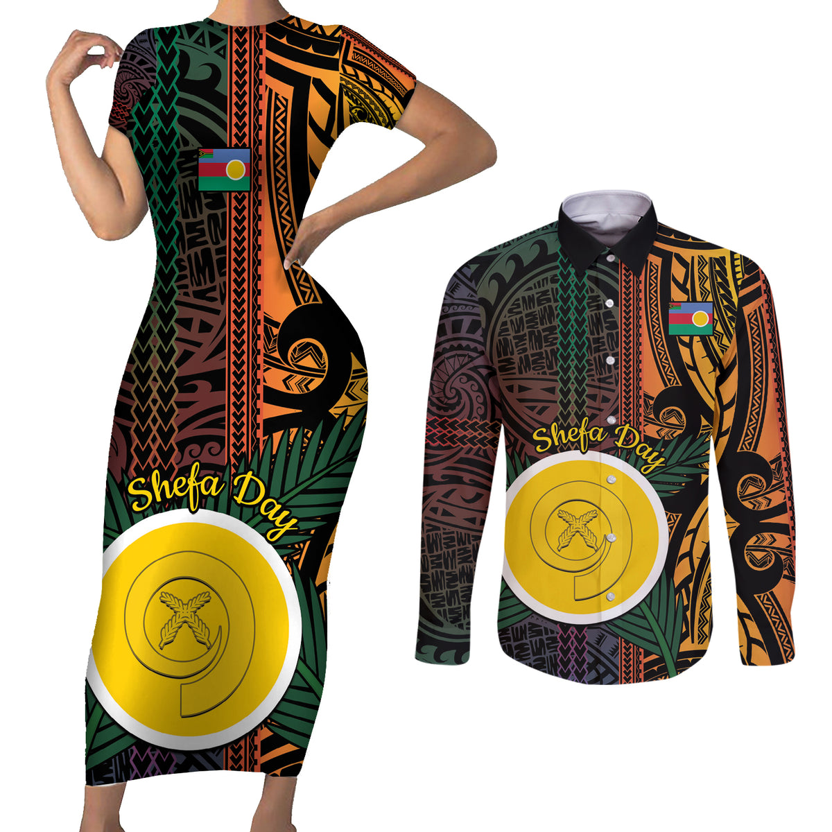 Personalised Shefa Day Couples Matching Short Sleeve Bodycon Dress and Long Sleeve Button Shirt Happy June 18 Vanuatu Province LT14 Black - Polynesian Pride