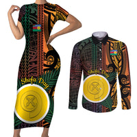 Personalised Shefa Day Couples Matching Short Sleeve Bodycon Dress and Long Sleeve Button Shirt Happy June 18 Vanuatu Province LT14 Black - Polynesian Pride