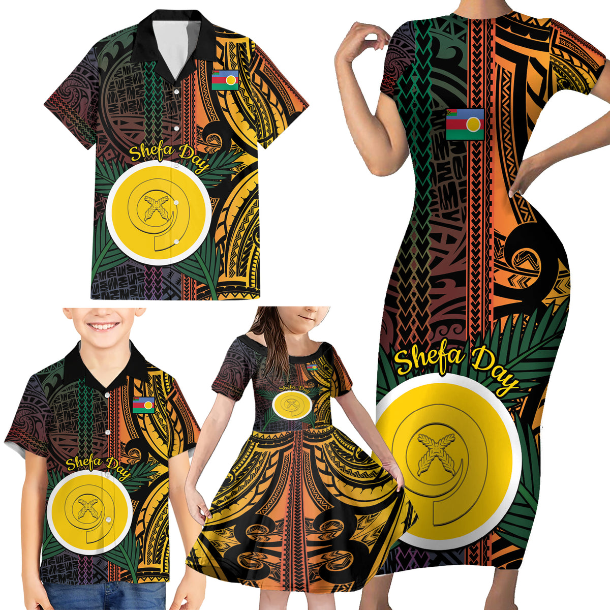 Personalised Shefa Day Family Matching Short Sleeve Bodycon Dress and Hawaiian Shirt Happy June 18 Vanuatu Province LT14 - Polynesian Pride