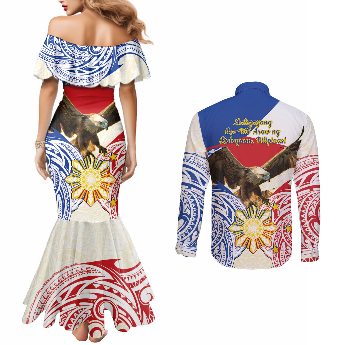 Philippines Independence Day Couples Matching Mermaid Dress and Long Sleeve Button Shirt Pilipinas Eagle 126th Anniversary