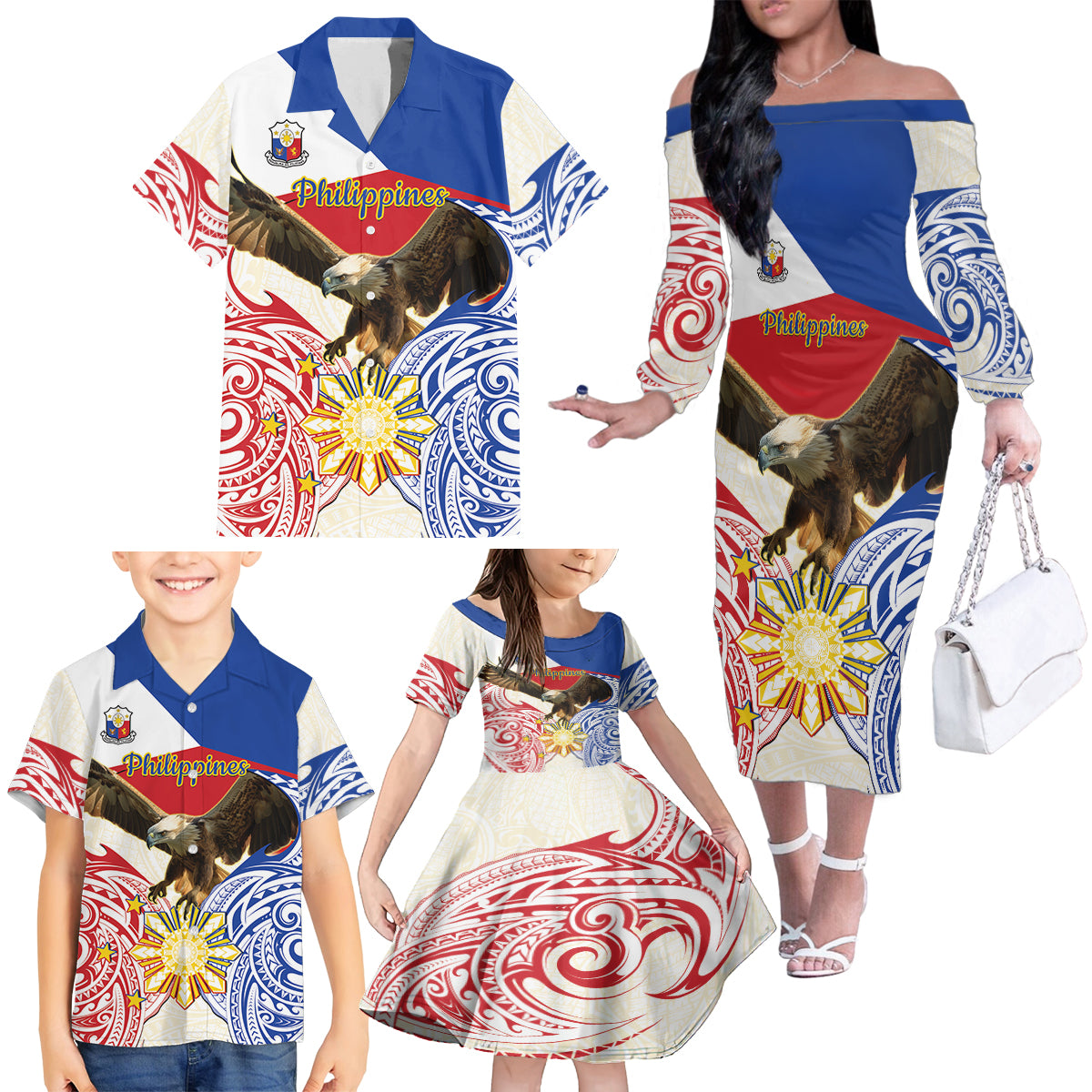 Philippines Independence Day Family Matching Off The Shoulder Long Sleeve Dress and Hawaiian Shirt Pilipinas Eagle 126th Anniversary