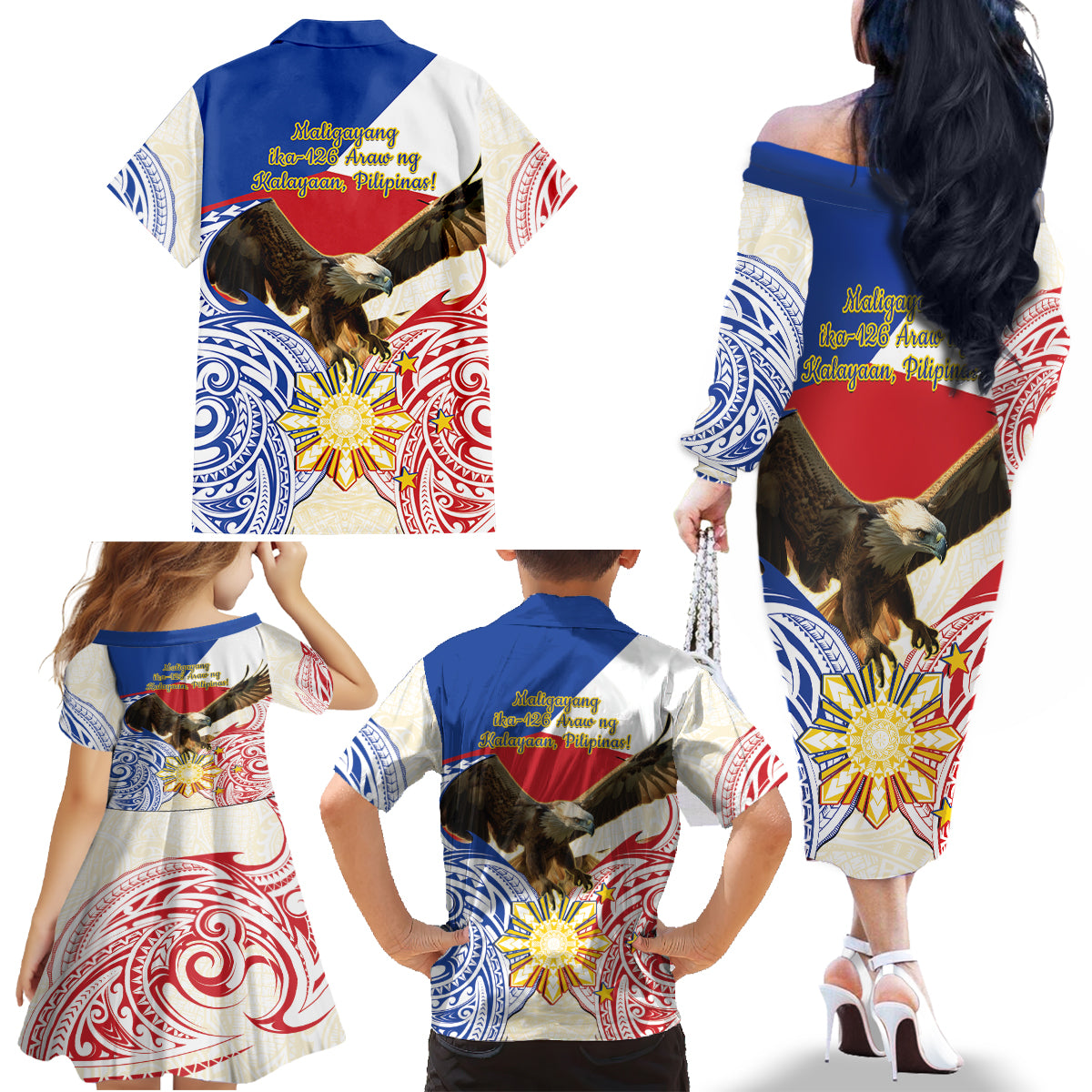Philippines Independence Day Family Matching Off The Shoulder Long Sleeve Dress and Hawaiian Shirt Pilipinas Eagle 126th Anniversary
