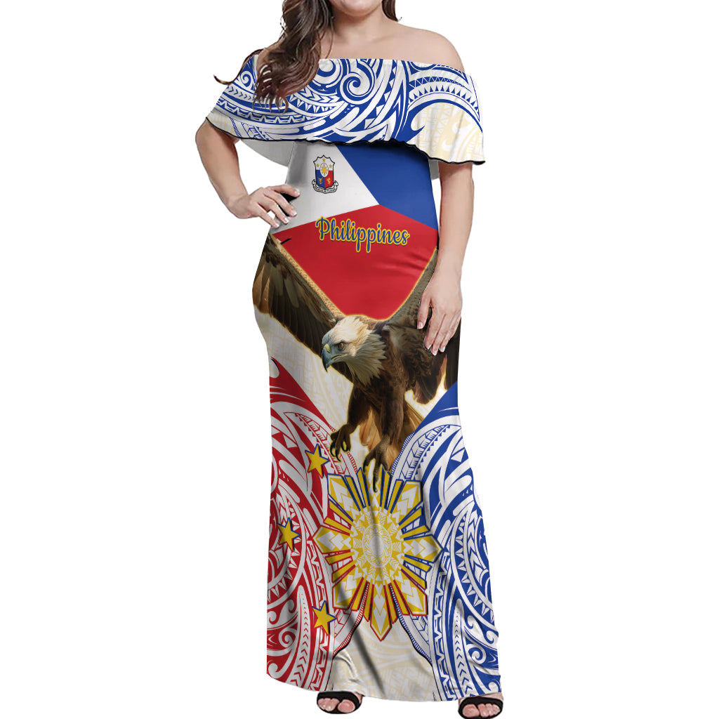 Philippines Independence Day Off Shoulder Maxi Dress Pilipinas Eagle 126th Anniversary LT14 Women Blue - Polynesian Pride