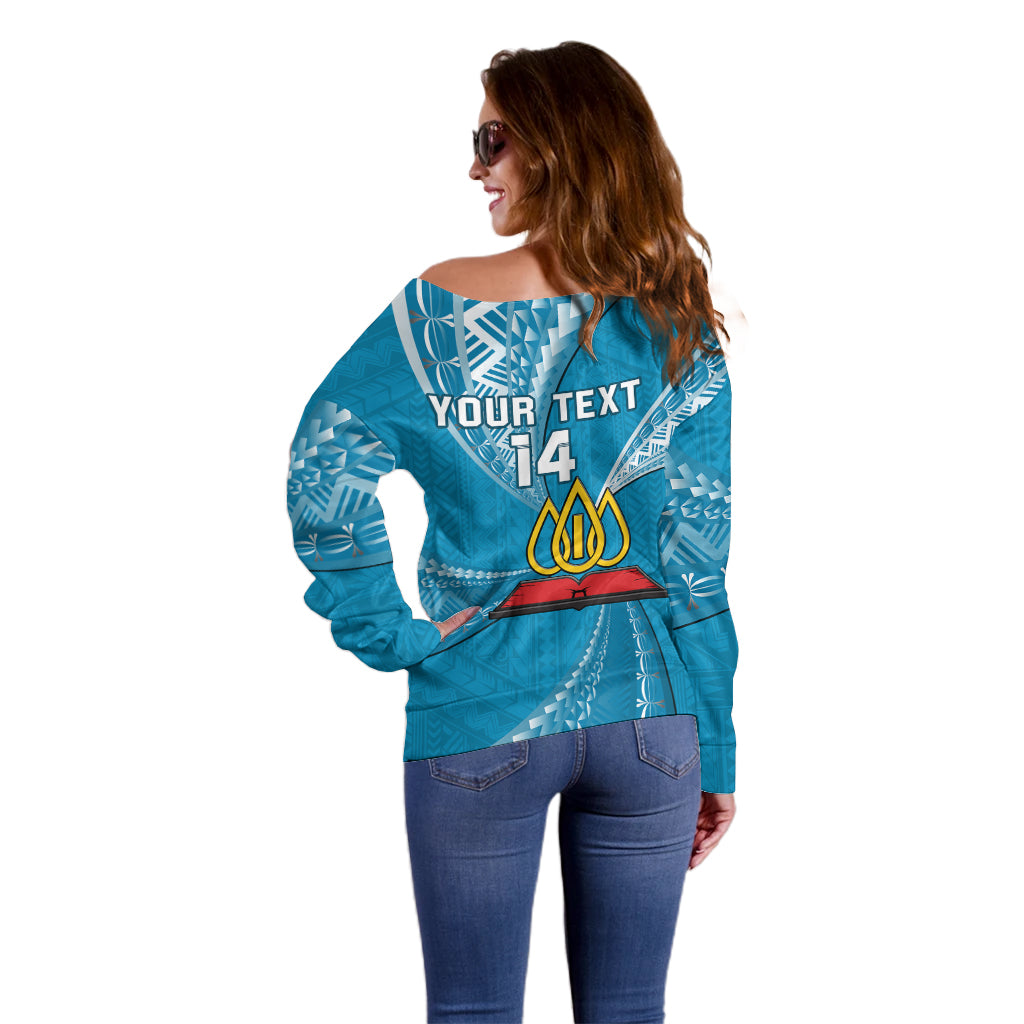 Personalised Tonga Lavengamalie College Off Shoulder Sweater Tongan Ngatu Pattern LT14 - Polynesian Pride
