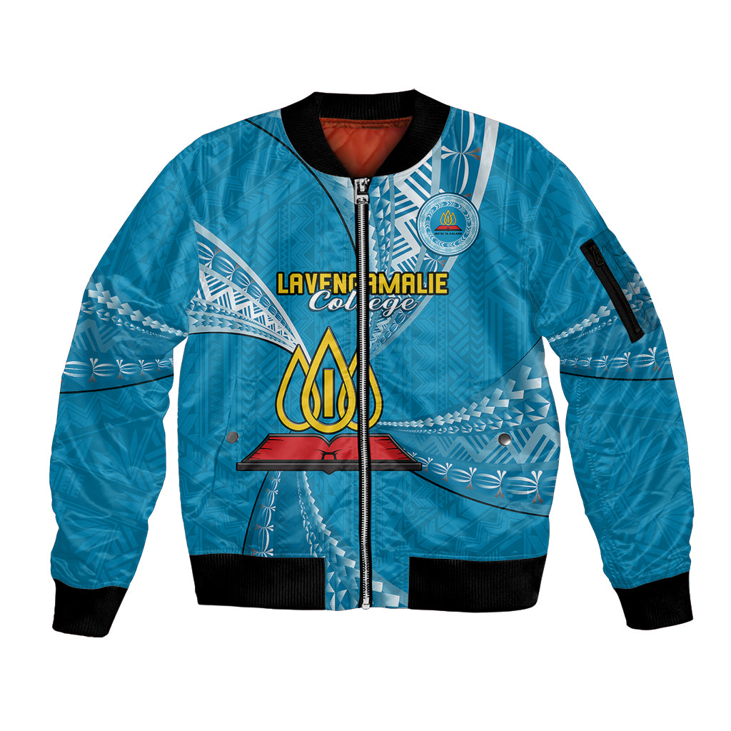 Personalised Tonga Lavengamalie College Sleeve Zip Bomber Jacket Class Of Year Tongan Ngatu Pattern LT14 Unisex Blue - Polynesian Pride