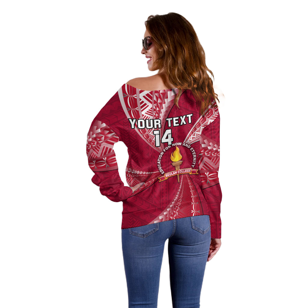 Personalised Tonga Beulah College Off Shoulder Sweater Tongan Ngatu Pattern LT14 - Polynesian Pride