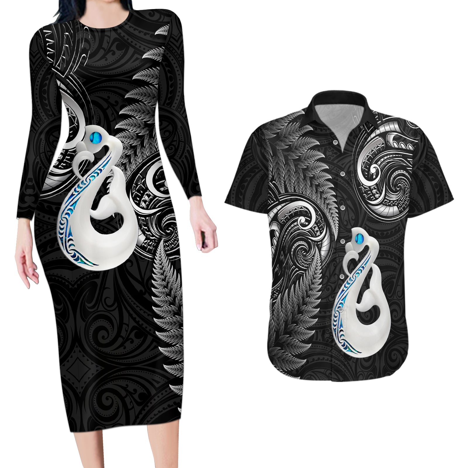 Personalised New Zealand Couples Long Sleeve Bodycon Dress and Hawaiian Shirt Aotearoa Silver Fern With Manaia Maori Unique Black LT14 Black - Polynesian Pride