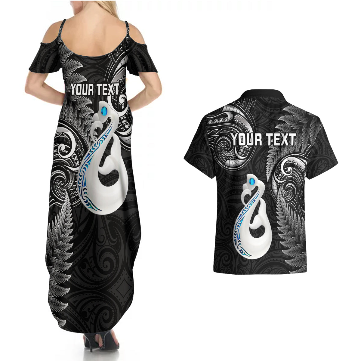 Personalised New Zealand Couples Summer Maxi Dress and Hawaiian Shirt Aotearoa Silver Fern With Manaia Maori Unique Black LT14 - Polynesian Pride