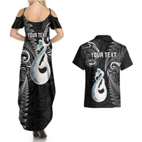 Personalised New Zealand Couples Summer Maxi Dress and Hawaiian Shirt Aotearoa Silver Fern With Manaia Maori Unique Black LT14 - Polynesian Pride