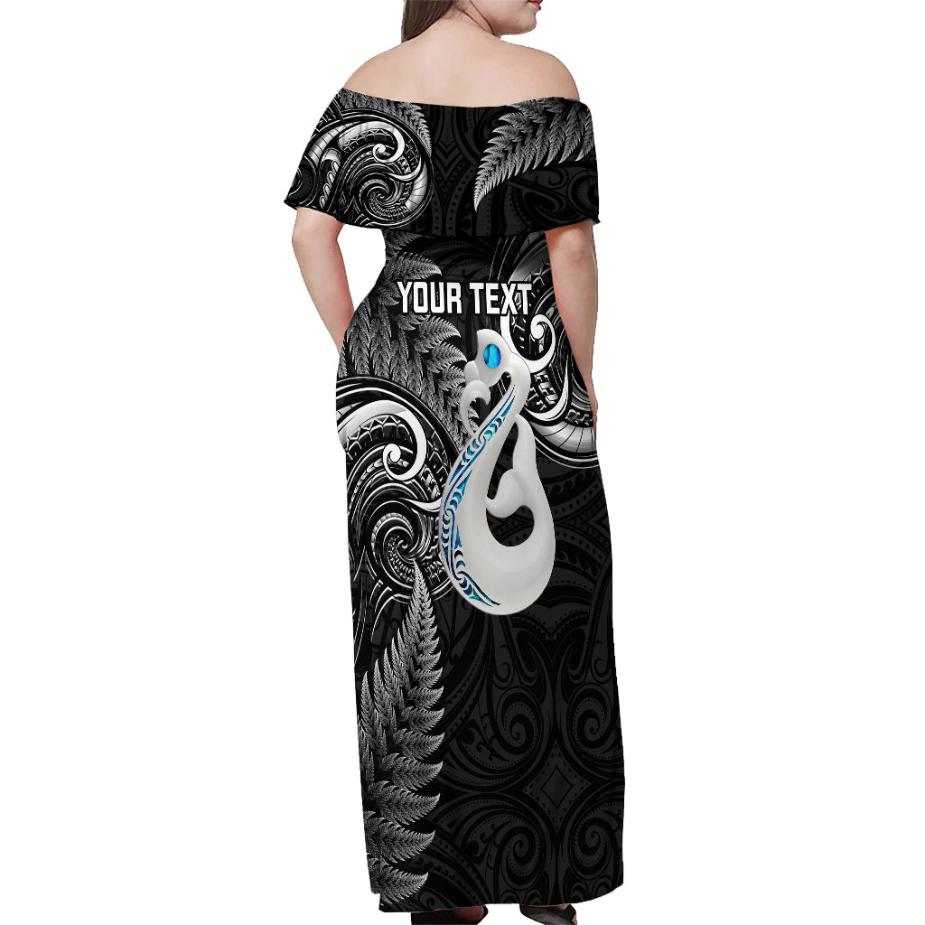 Personalised New Zealand Off Shoulder Maxi Dress Aotearoa Silver Fern With Manaia Maori Unique Black LT14 - Polynesian Pride