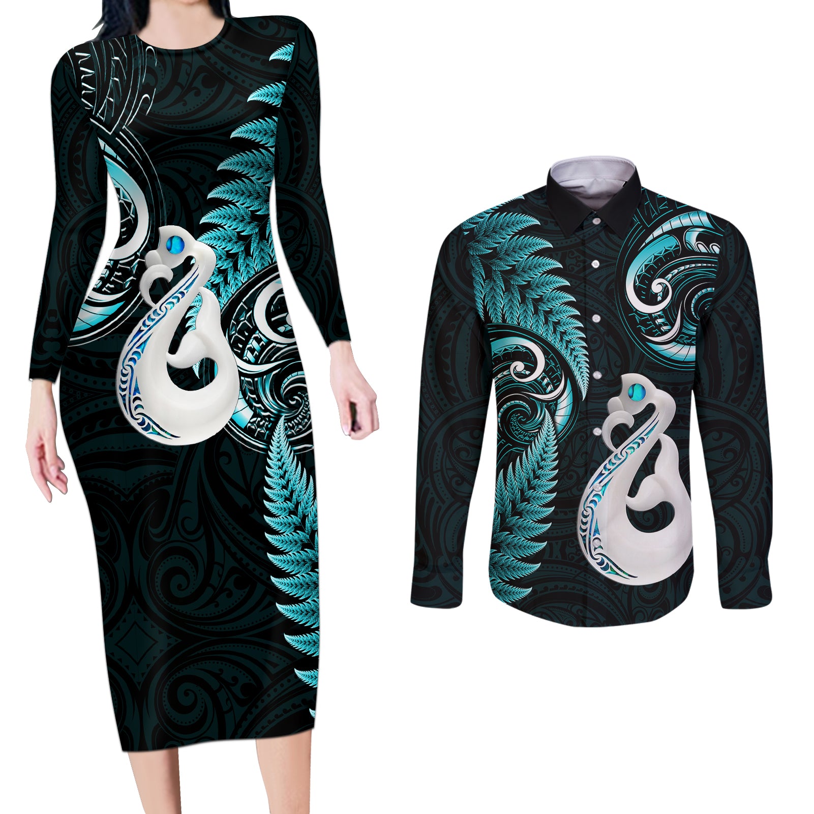 Personalised New Zealand Couples Long Sleeve Bodycon Dress and Long Sleeve Button Shirts Aotearoa Silver Fern With Manaia Maori Unique Turquoise LT14 Turquoise - Polynesian Pride