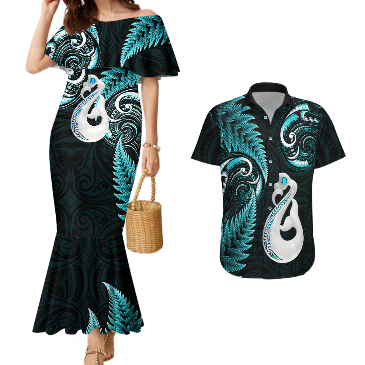 Personalised New Zealand Couples Mermaid Dress And Hawaiian Shirt Aotearoa Silver Fern With Manaia Maori Unique Turquoise LT14 Turquoise - Polynesian Pride