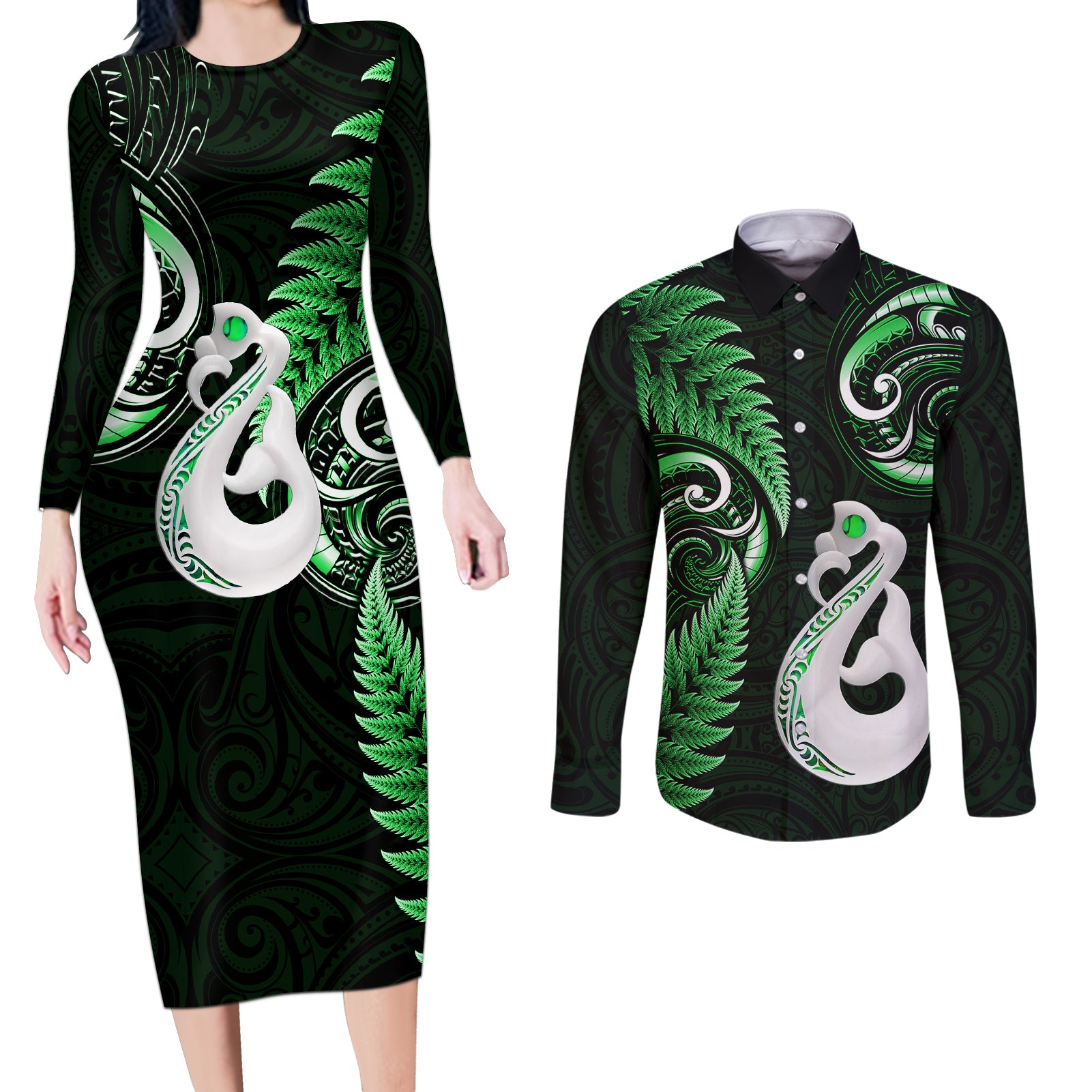 Personalised New Zealand Couples Long Sleeve Bodycon Dress and Long Sleeve Button Shirts Aotearoa Silver Fern With Manaia Maori Unique Green LT14 Green - Polynesian Pride