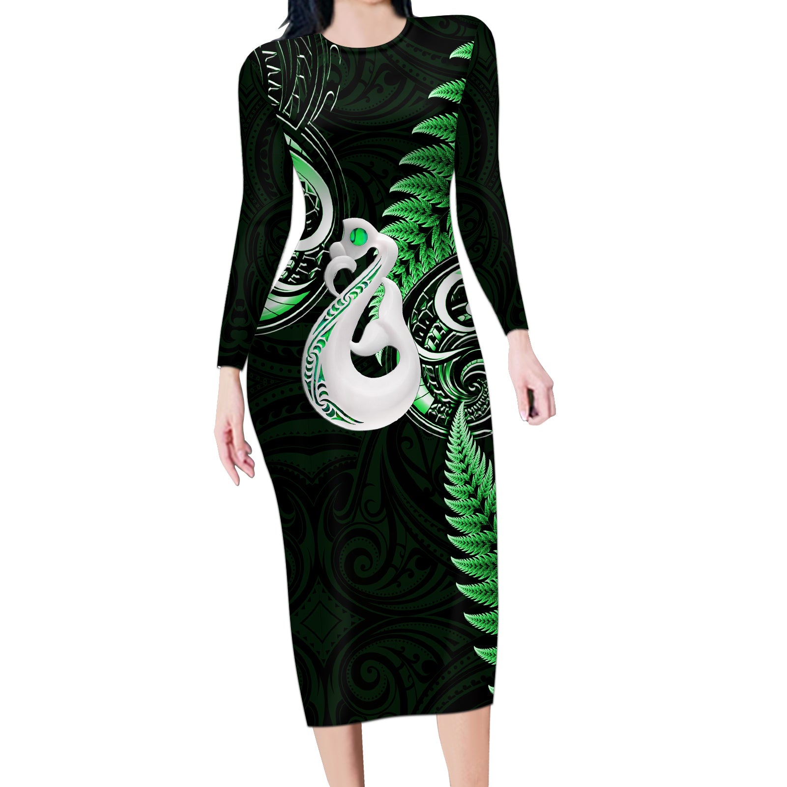 Personalised New Zealand Long Sleeve Bodycon Dress Aotearoa Silver Fern With Manaia Maori Unique Green LT14 Long Dress Green - Polynesian Pride