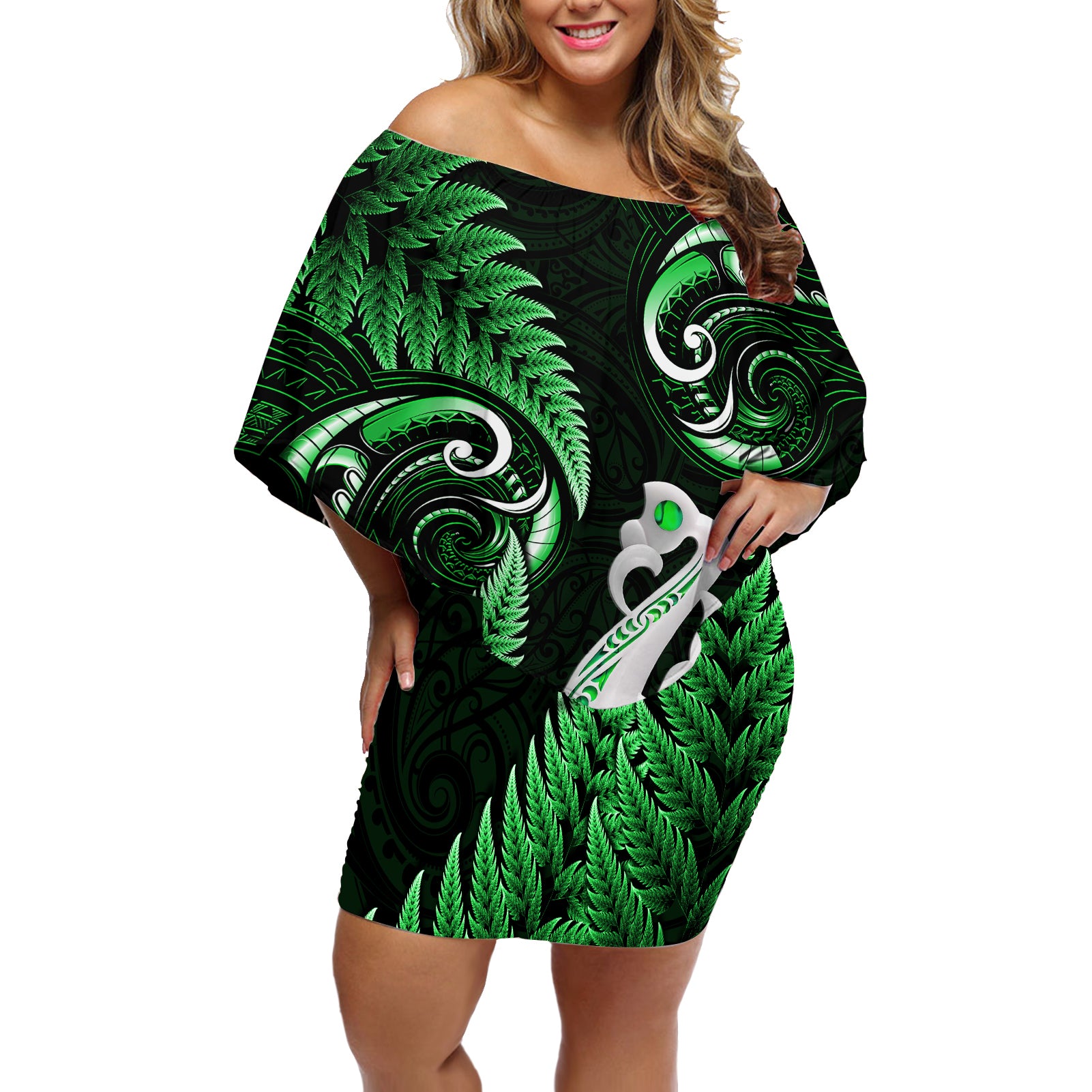 Personalised New Zealand Off Shoulder Short Dress Aotearoa Silver Fern With Manaia Maori Unique Green LT14 Women Green - Polynesian Pride