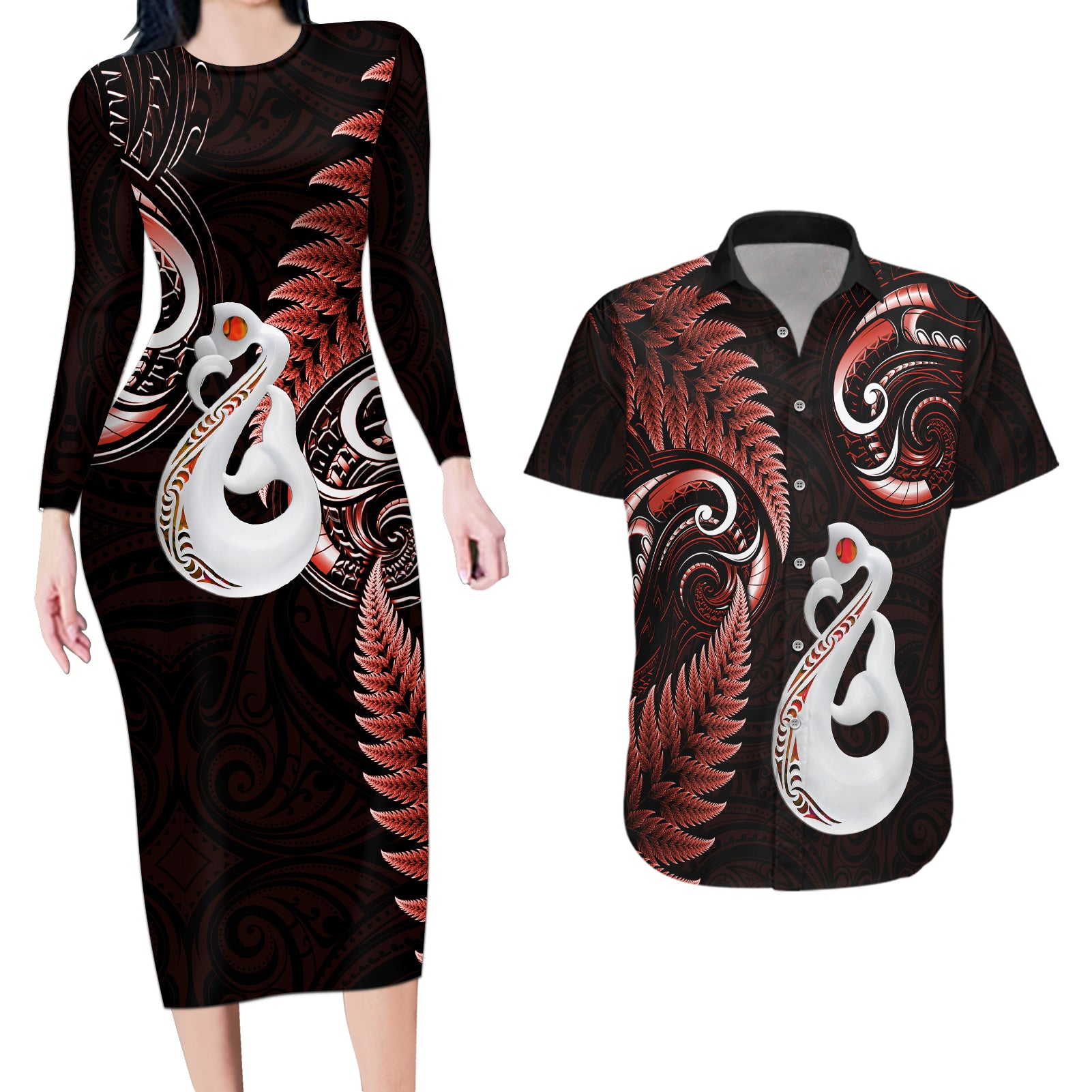 Personalised New Zealand Couples Long Sleeve Bodycon Dress and Hawaiian Shirt Aotearoa Silver Fern With Manaia Maori Unique Red LT14 Red - Polynesian Pride