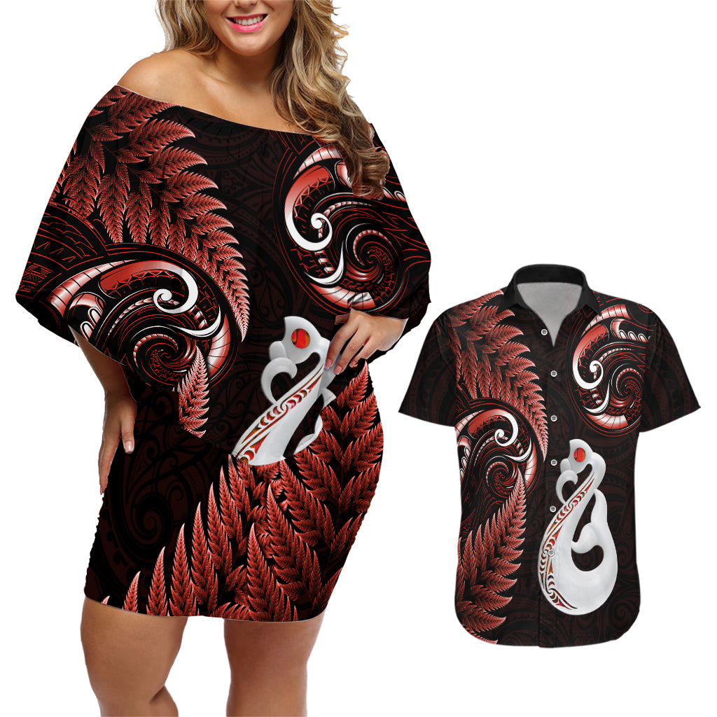 Personalised New Zealand Couples Off The Shoulder Long Sleeve Dress and Hawaiian Shirt Aotearoa Silver Fern With Manaia Maori Unique Red LT14 Red - Polynesian Pride