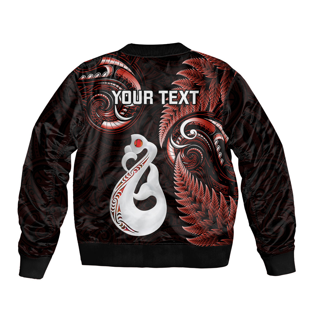 Personalised New Zealand Sleeve Zip Bomber Jacket Aotearoa Silver Fern With Manaia Maori Unique Red LT14 - Polynesian Pride