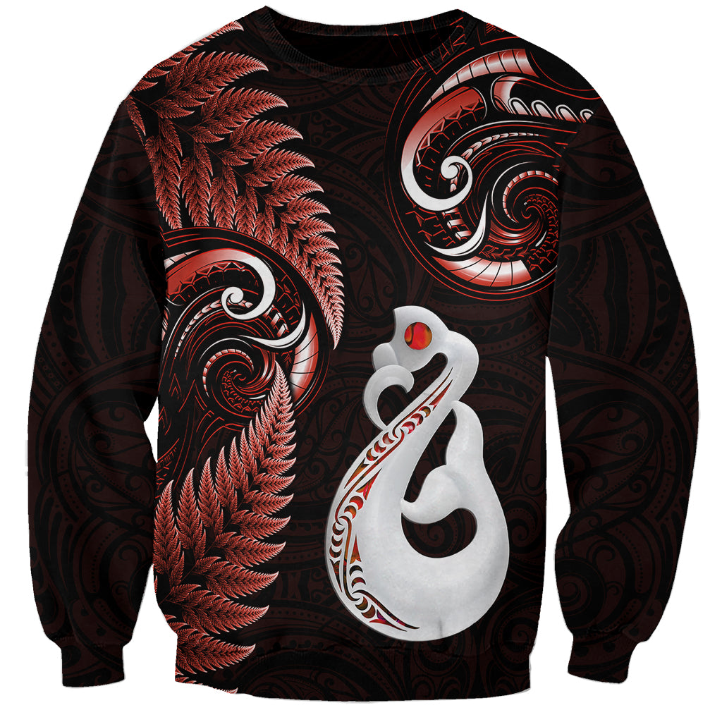 Personalised New Zealand Sweatshirt Aotearoa Silver Fern With Manaia Maori Unique Red LT14 Unisex Red - Polynesian Pride