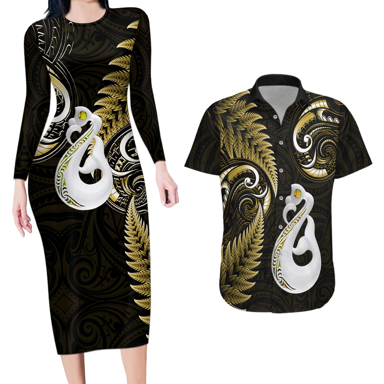 Personalised New Zealand Couples Long Sleeve Bodycon Dress and Hawaiian Shirt Aotearoa Silver Fern With Manaia Maori Unique Gold LT14 Gold - Polynesian Pride